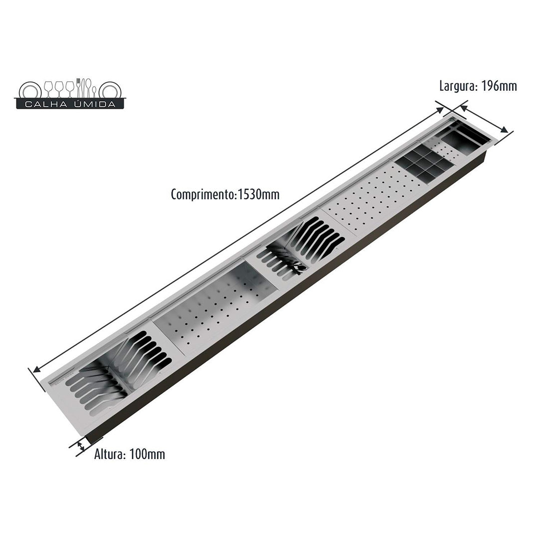 Kit Escorredor Sobrepor Calha Úmida Kitchen 6 Módulos 1530mm PT - AÇO 304