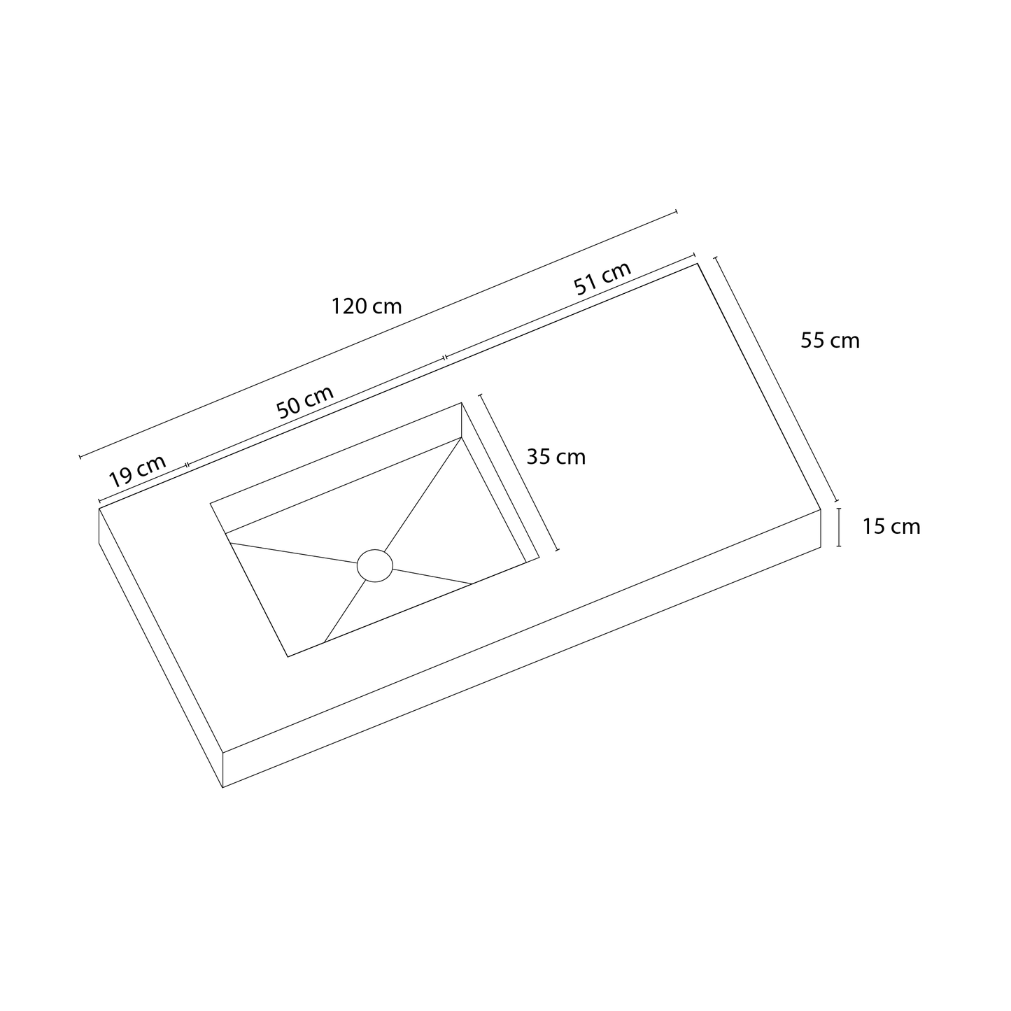 Lavatório para Casa de Banho 120 x 55 x 15 - Neolith com cuba na lateral