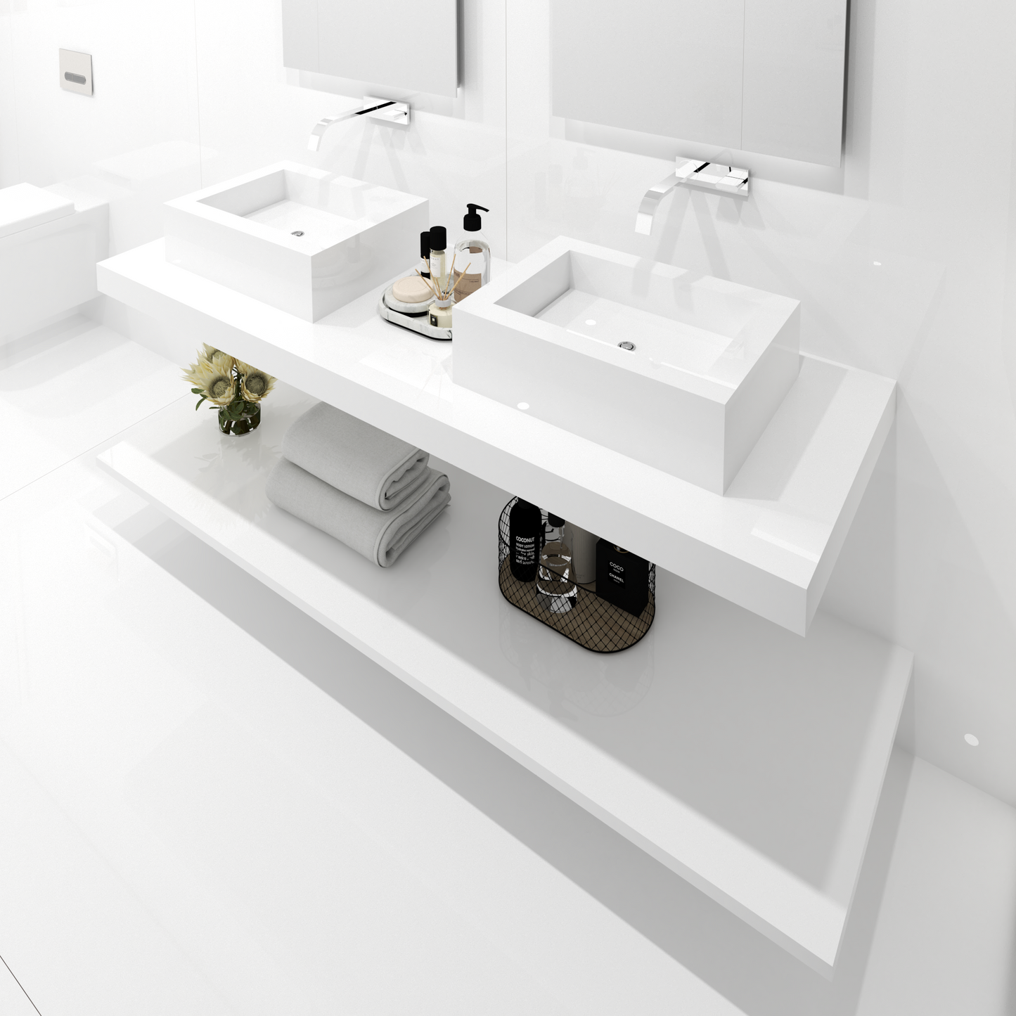 Bancada Reta Palermo em Margres com Lavatório Duplo de Pousar no mesmo material