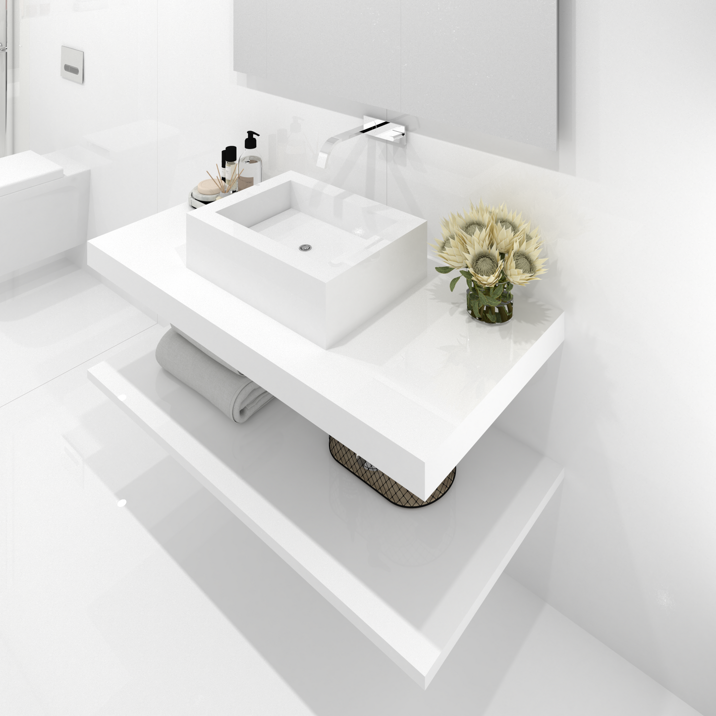 Bancada Reta Palermo em Margres com lavatório de Pousar no mesmo material