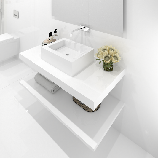 Bancada Reta Palermo em Margres com lavatório de Pousar no mesmo material