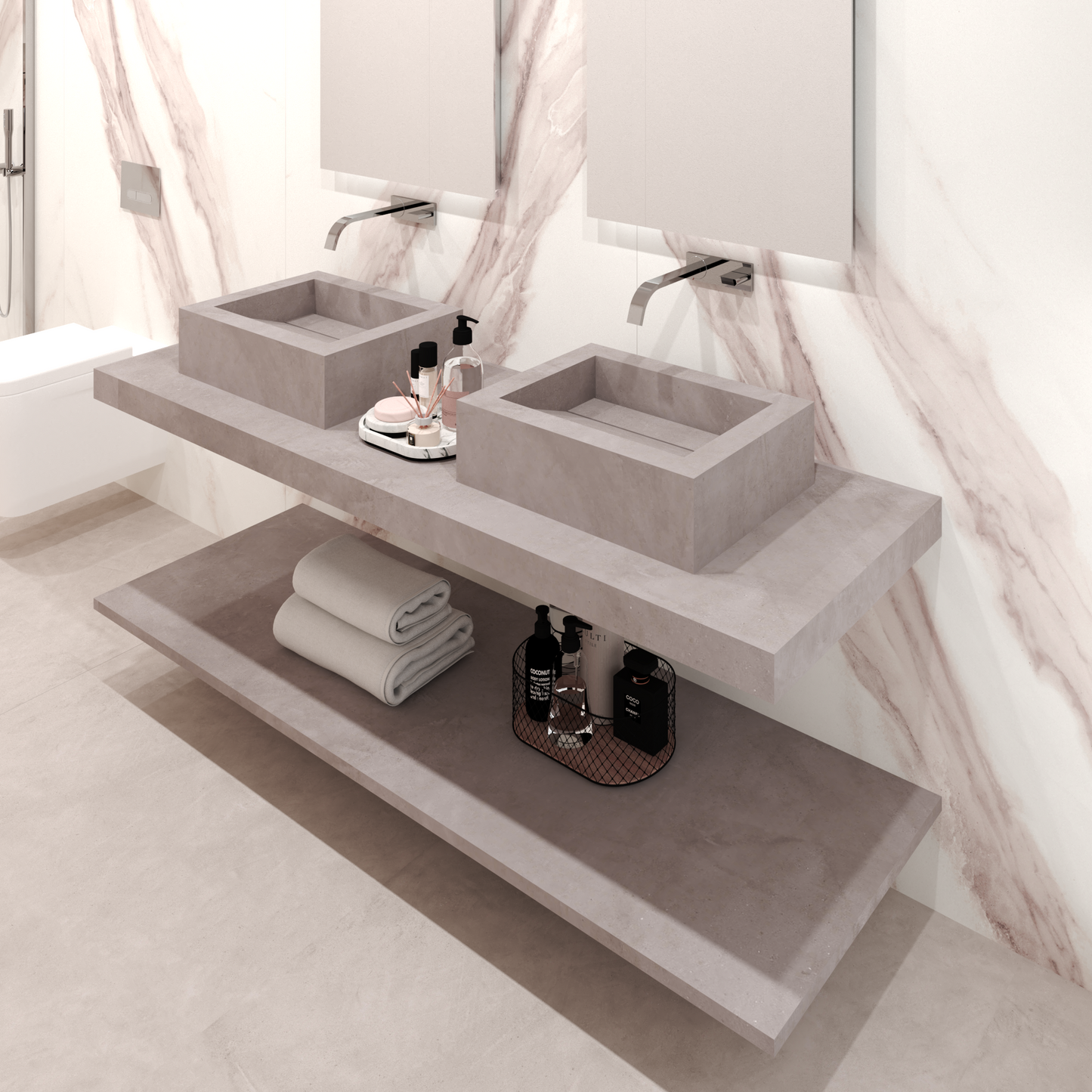 Bancada Reta Siena em Margres com Lavatório Duplo de Pousar no mesmo material