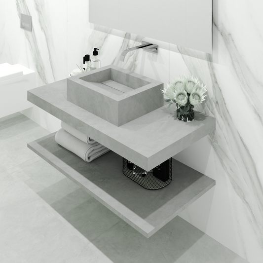 Bancada Reta Siena em Margres com lavatório de Pousar no mesmo material