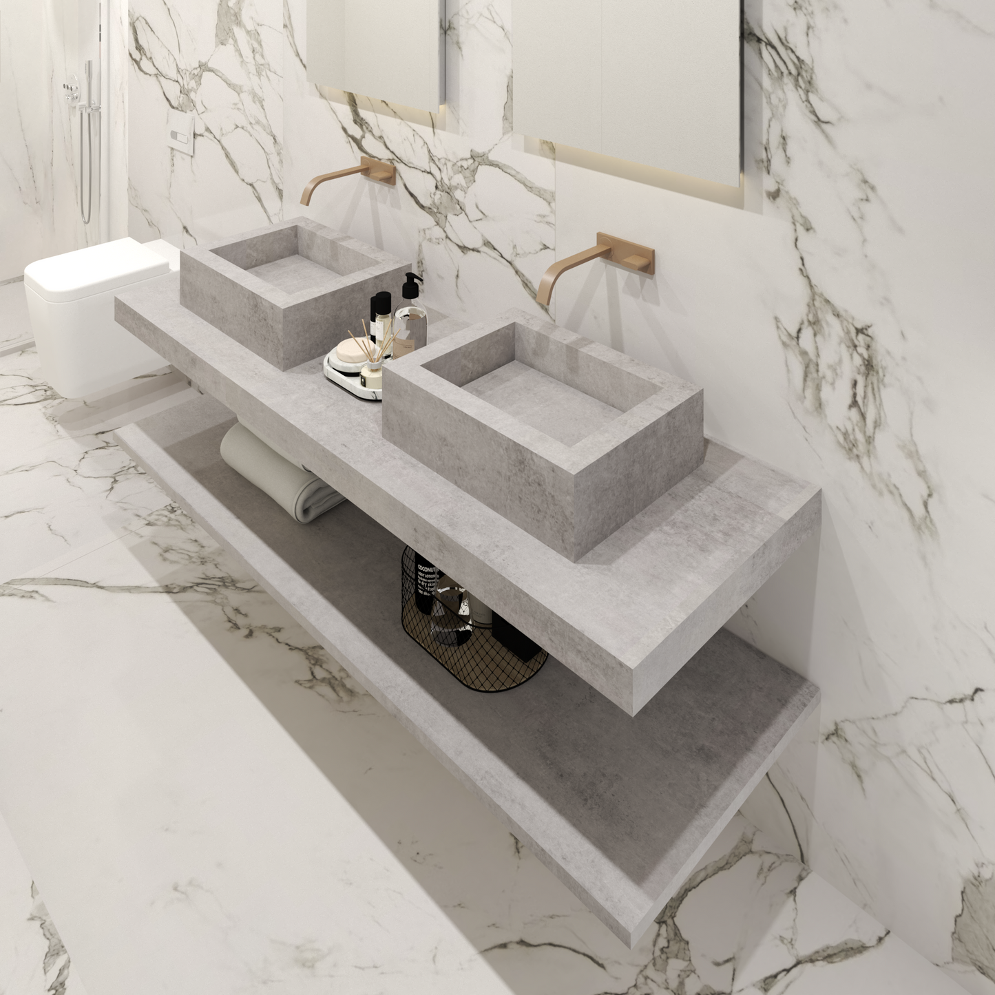 Bancada Reta Toscana em Dekton 4 mm com Lavatório Duplo de Pousar no mesmo Material