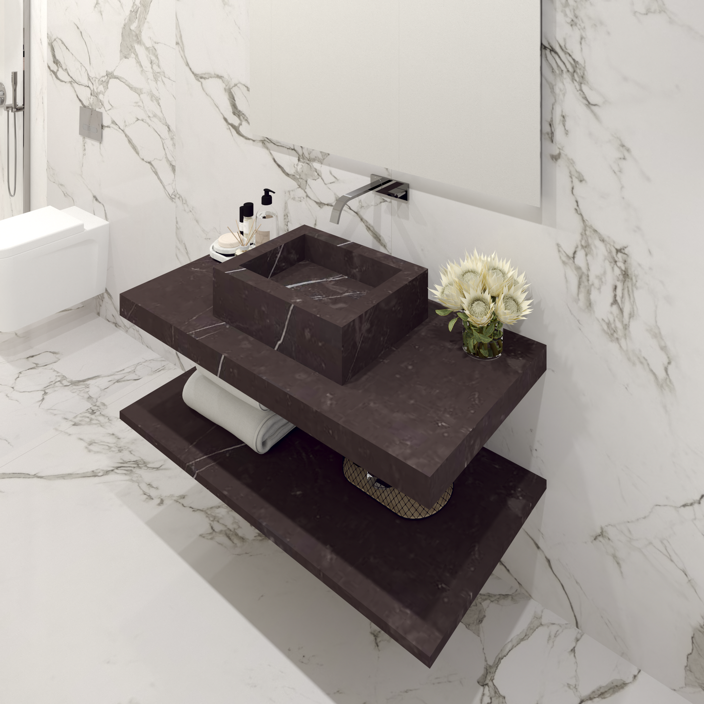 Bancada Reta Toscana em Margres com lavatório de Pousar no mesmo material