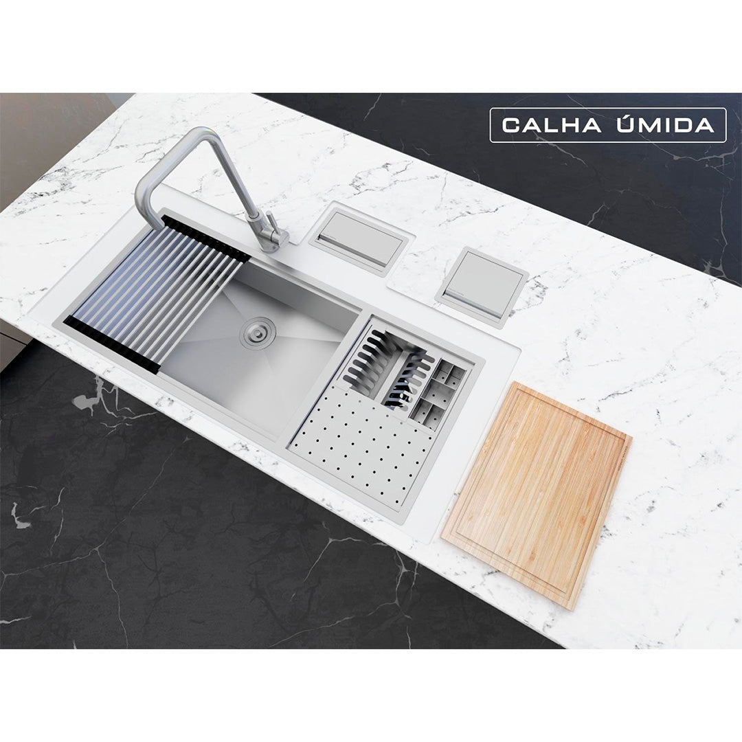 Cuba Platino Integrato Ld 1037x440 con Tagliere + Tappetino e Valvola con Cestello - Grondaia Bagnata - ACCIAIO 304