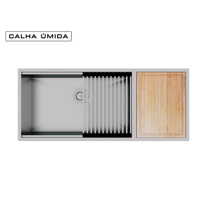 Cuba Platino Integrato Ld 1037x440 con Tagliere + Tappetino e Valvola con Cestello - Grondaia Bagnata - ACCIAIO 304