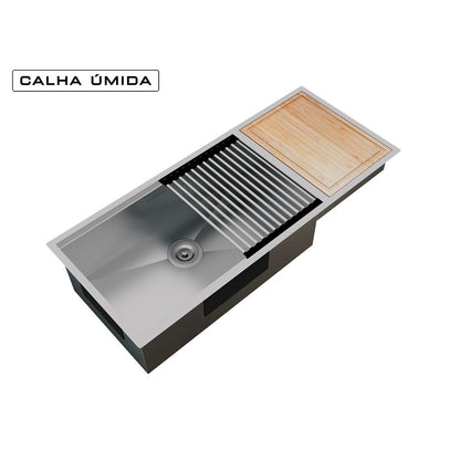 Cuba Platino Integrato Ld 1037x440 con Tagliere + Tappetino e Valvola con Cestello - Grondaia Bagnata - ACCIAIO 304