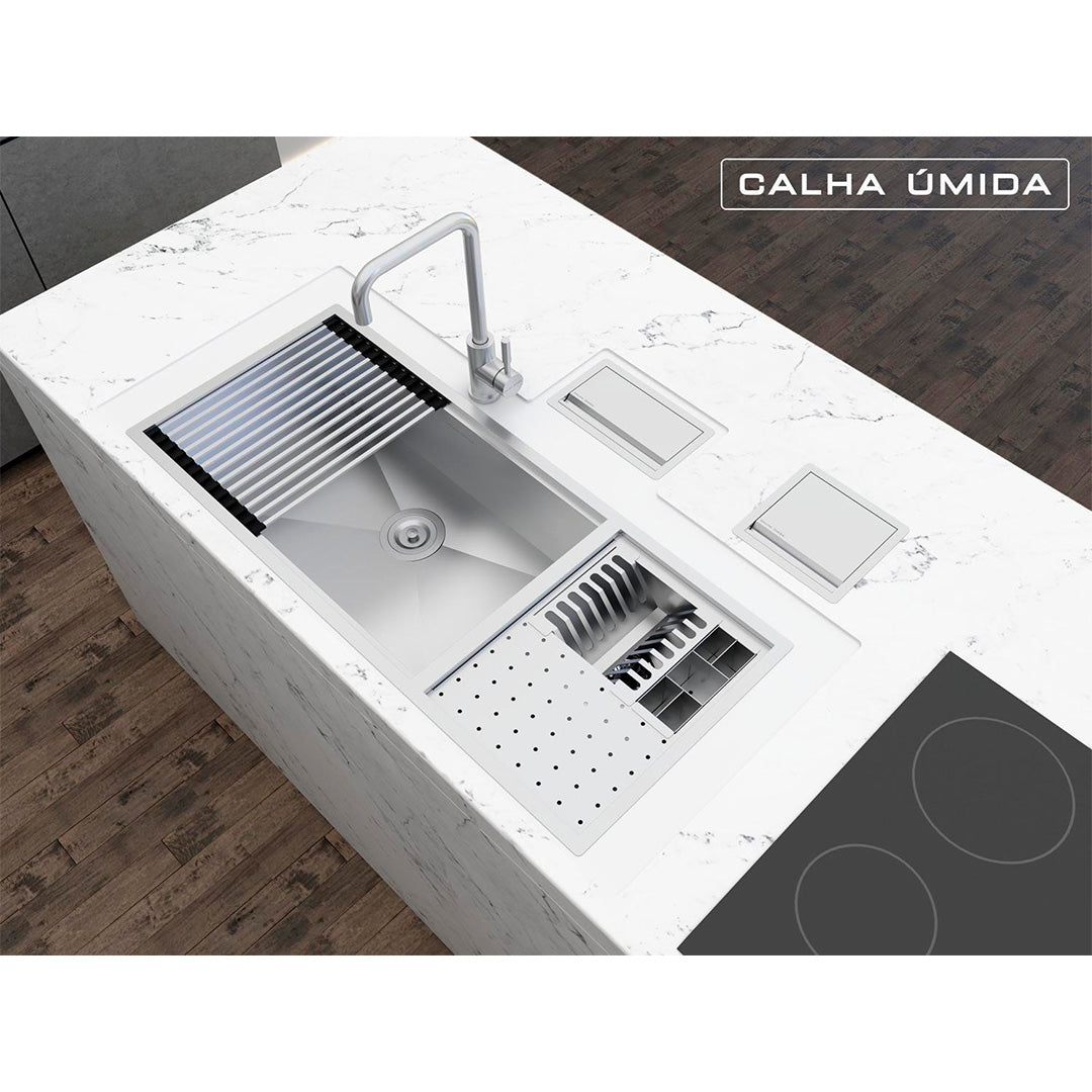 Cuba Platino Integrato Ld 1037x440 con Tagliere + Tappetino e Valvola con Cestello - Grondaia Bagnata - ACCIAIO 304