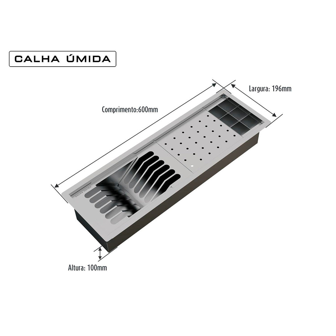 Kit Escorredor Sobrepor Calha Úmida Kitchen 3 Módulos 600mm - AÇO 304