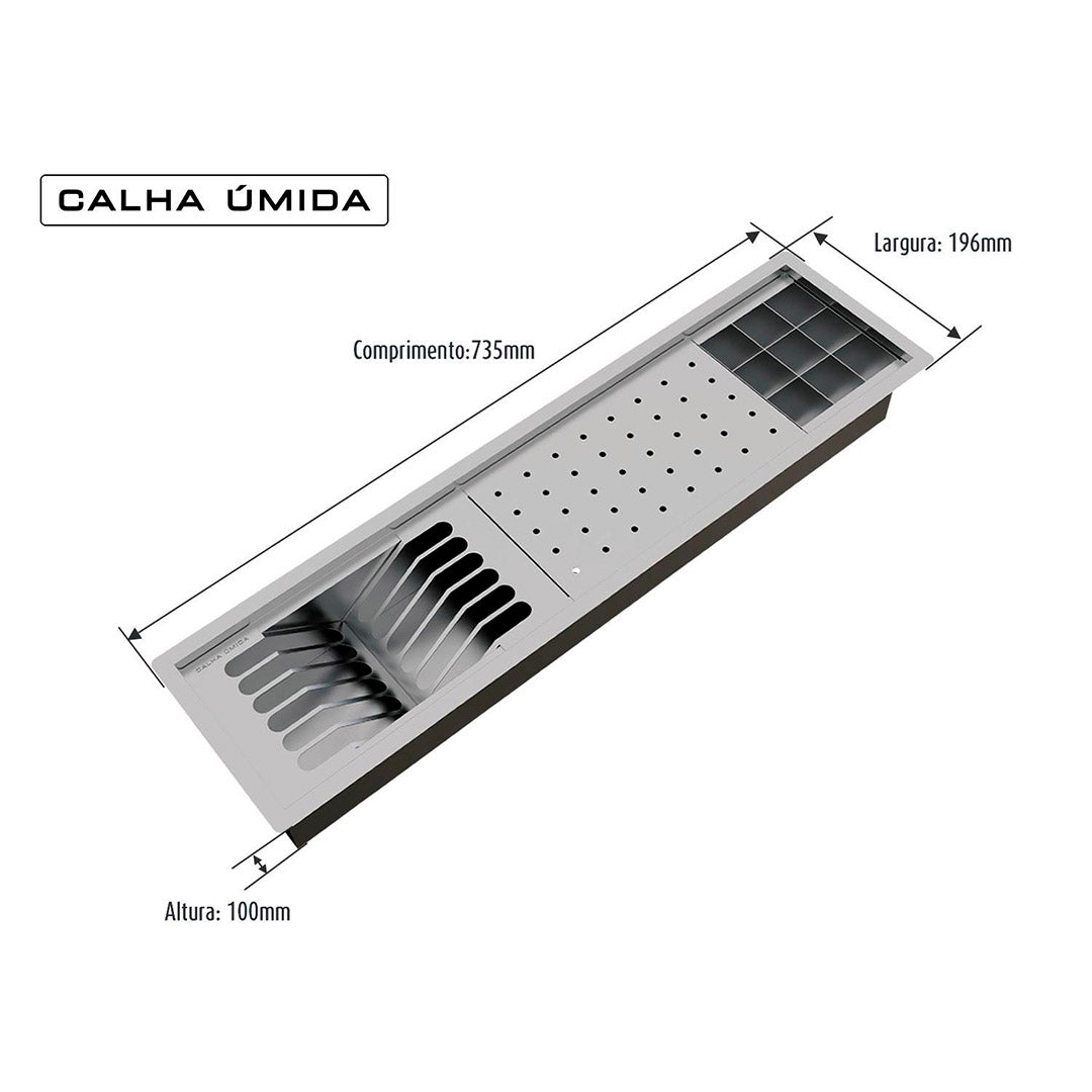 Kit Escorredor Sobrepor Calha Úmida Kitchen 3 Módulos 735mm - AÇO 304