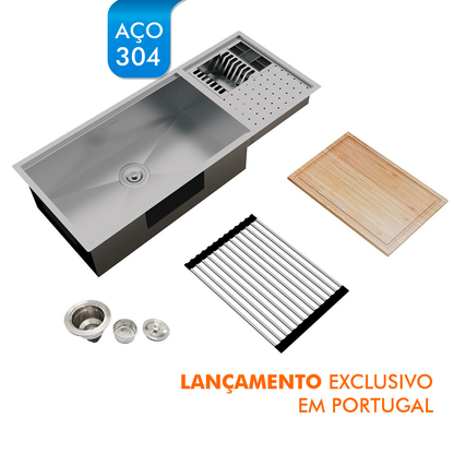 Cuba Platino Integrato Ld 1037x440 con Tagliere + Tappetino e Valvola con Cestello - Grondaia Bagnata - ACCIAIO 304