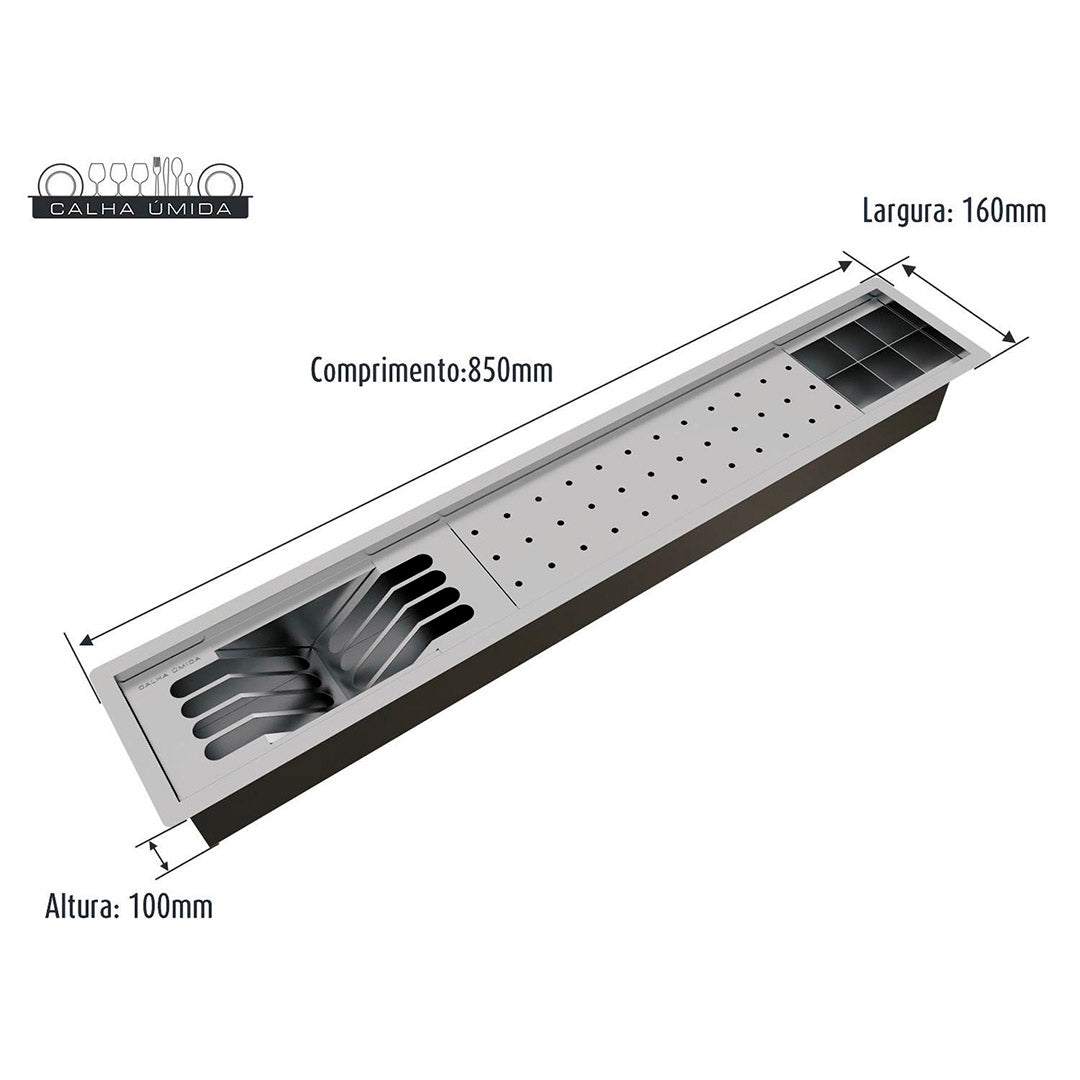 Kit Escorredor Sobrepor Calha Úmida Kitchen Slim 3 Módulos 850mm - AÇO 304